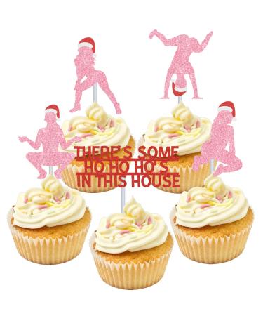25 Pcs There's Some Ho Ho Hos in This House Cupcake Topper Pink Funny Christmas Cupcake Toppers Decorations Twerk Food Picks for Christmas Winter Holiday New Year