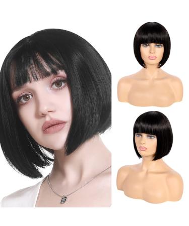 Unonet Black Bob Wig Short Bob Wigs with Bangs for Women  High Temperature Fiber Synthetic Straight Short Hair Wig for Daily Cosplay Party Christmas Use (Black) 1B