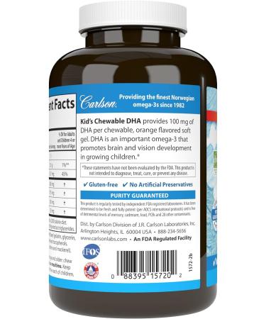 Carlson - Kid's Chewable DHA 100 mg DHA Brain Health Vision Function Growth & Development Orange 180 Chewable Softgels 180 Count (Pack of 1) - Buy Online on GoSupps.com