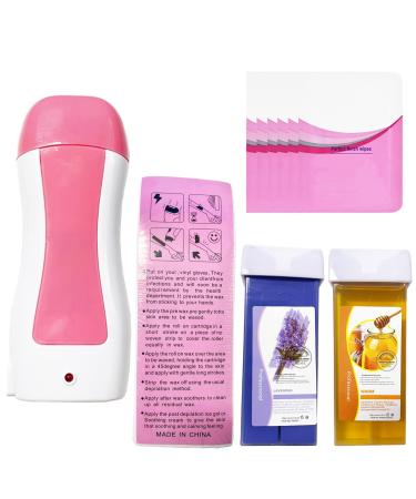 Roll on Wax, Waxing Roller Warmer Kit Hair Removal Larger Areas of the Body Non-Woven Honey Wax Strips & Blue Sensitive Skin at Home Cartridge Depilatory Soft Warmer for Men Women PINK