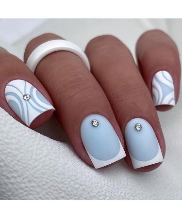 Square French False Nails 24Pcs Matte Blue Fake Nails Frosted Press on Nail with Diamond Blue French Nail Tips with Nail Glue Acrylic Stick on Nails for Women Girls Nails Art Blue Frosted French