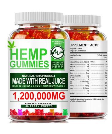 (2 Pack) Hemp Gummies 1,200,000mg High Strength - Stress Relief Fruity Gummy Bear with Hemp Oil, 100% Natural Hemp Candy Supplements Promotes Sleep & Calm Mood 60 Count (Pack of 2)