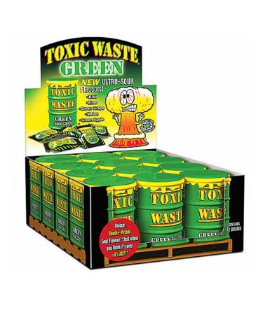 Toxic Waste Candy Green Drums 12 pack 42g per can - Kiwi Lime Green Grape Melon Green Apple Original from USA