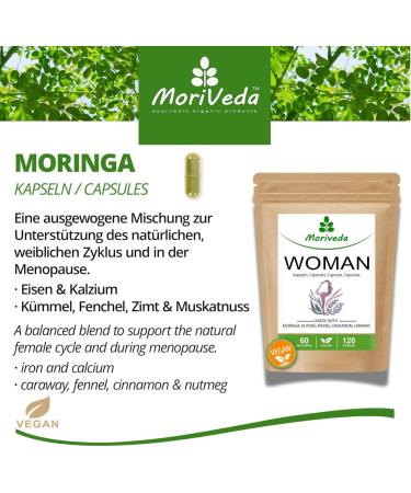 Moringa Woman capsules 500mg especially for women cycle balance menopause 6 months supply moringa cinnamon caraway fennel nutmeg natural and vegan 360 pieces by MoriVeda - Buy Online on GoSupps.com