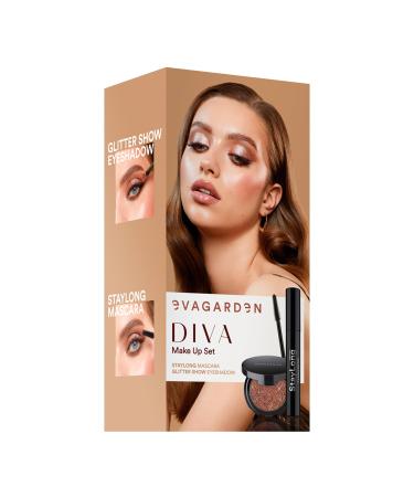 Diva Make Up Set by Evagarden for Women - 2 Pc 0.28 oz Staylong Mascara - 23 0.08 oz Glitter Show Ey