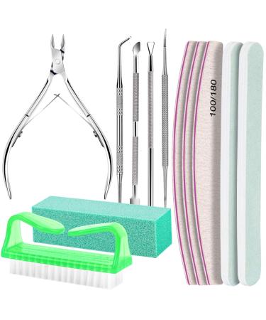 FANDAMEI 12pcs Nail Files Set with Cuticle Nipper Nail File and Buffer Set & Cuticle Pusher Nail Kit 100/180 Nail Buffer Block Nail Scraper Nail Brush Cuticle Remover Tool as Manicure Kit Green