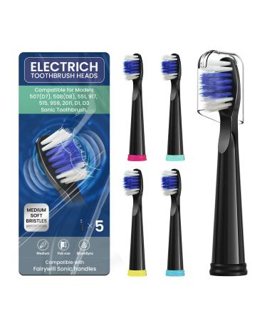 Electric Toothbrush Replacement Heads Compatible with Fairywill Electric Toothbrush FW-507/508/515/551/917/959/2011/D1/D3/D7/D8 Soft Toothbrush Heads Compatible with ATMOKO Black 5 Pack Soft Bristles - Black