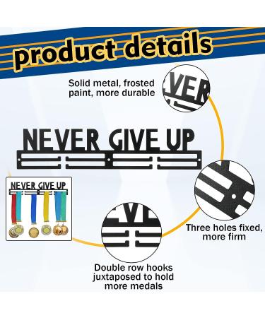 Yerliker Never Give Up Medal Holder - 16 Metal Hanger for Over 50 Medals - Easy to Install Sports Award Display for Runners, Gymnasts, Soccer Players - Wall Mount Ribbon Rack - Buy Online on GoSupps.com