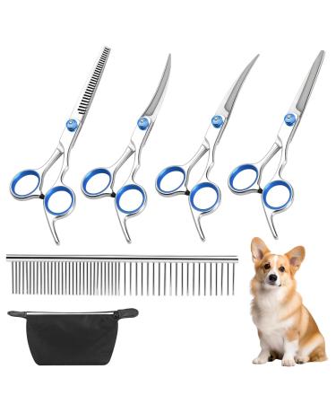 5 Pcs Dog Grooming Tool Set Pet Hair Care Thinning Shears Professional Dog Grooming Curved Scissors with Comb & Storage Bag Safety Round Tip Stainless Steel Dog Hair Scissors for Face Body Paws