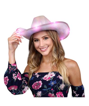 FlashingBlinkyLights Light Up Iridescent Pink Space Cowgirl Hat, Light Up Cowboy Hat with Pink LEDs