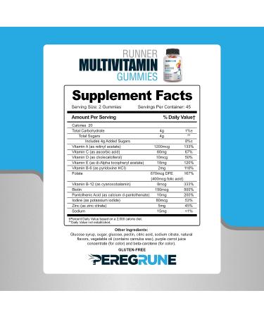 PEREGRUNE Runner Multivitamin Gummy - Fruit Flavored Daily Vitamin for Running | With Vitamins A, C, D, E, and B Complex | 50% Less Sugar | Supports Health Recovery, Endurance, and Energy - Buy Online on GoSupps.com