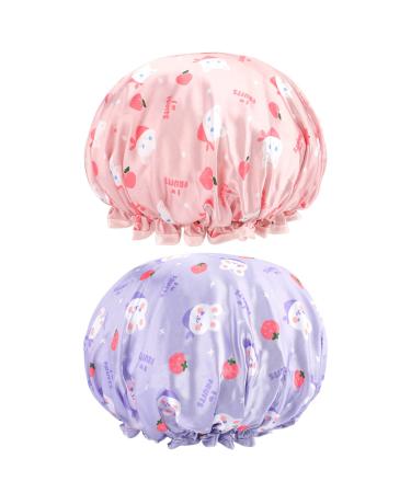 FirstKitchen Shower Cap for Kids  2PCS Toddler Shower Cap  Cute Shower Cap with Double Layer  Kids Shower Caps for Girls Boys Child with Cartoon Animal(Pink Cat + Purple Rabbit) Pink+Purple