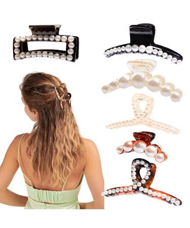 Hayhoi 6Pcs pearl hair clips non-slip acrylic hair clips French design Elegant pine clips banana styling accessories women girls with thick thin hair-black/brown/transparent