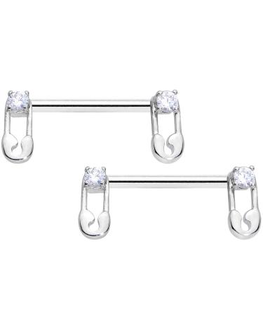 Body Candy 14G Womens Nipplerings Piercing 316L Steel 2Pc Clear Accent Safety Pin Nipple Ring Set 9/16"
