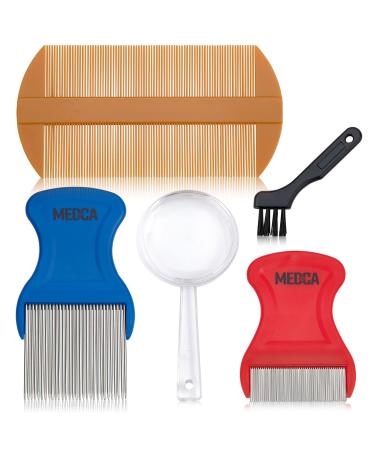 Premium 5 Piece Lice Kit - Nit Removal Fine Tooth Comb and Magnifier Full Treatment Set - Louse and Nit Combs Removes Eggs with Rounded Tips for Comfort Lice Comb Set