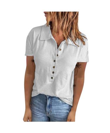 TUNUSKAT Women Short Sleeve Shirt Summer Fashion Polo Neck Ribbed Tops T-Shirt Casual Solid Button Down Tees Blouse Pullover Small 01_white