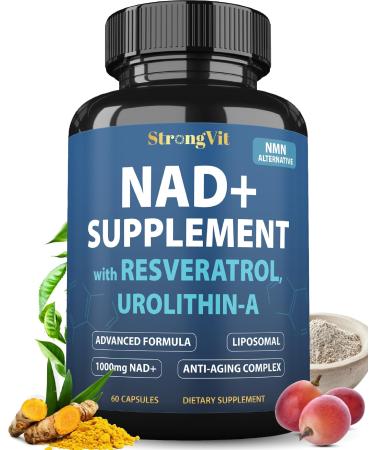 NAD Supplement with Resveratrol & Urolithin-A, Anti-Aging Complex for Women & Men. Liposomal NAD Plus, 1000mg NAD+ Booster, NMN Alternative for Energy & Healthy Aging, USA 60 Count (Pack of 1)