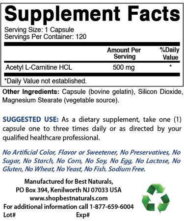 Best Naturals Acetyl L-Carnitine 500mg 120 Capsules - Pack of 1 - Buy Online on GoSupps.com