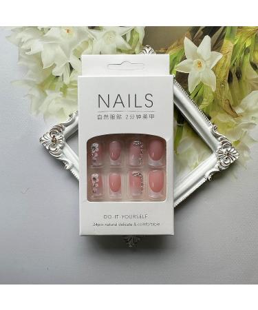 24 Pcs Gradient Pink French Tip Press on Nails with Rhinestones & Flowers - Medium Square False Nails for Women - Buy Online on GoSupps.com