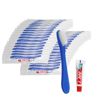 Xuezoioy Disposable Toothbrushes with Toothpaste Mini Pack of 30 Blue Individually Wrapped Mini Disposable Travel Toothbrush Kit Bulk for Homeless Psychiatric Hospitals Shelter Hotel Charity