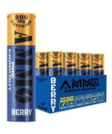 Ammo Pre Workout Berry 12Pack Single Serve Powder On The Go - Extra Strength 300mg Caffeine Zero Sugar All Natural Energy Reloads