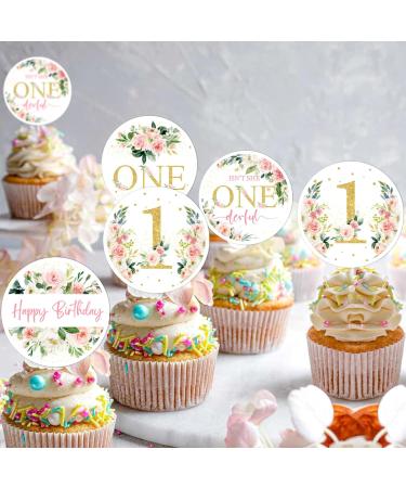 Funmemoir Flower First Birthday Decorations for Girl - 24PCS Pink Floral Cupcake Toppers for Isn't She Lovely Isn't She Onederful Little Miss Onederful Baby Girl 1st Birthday Party Decorations - Buy Online on GoSupps.com