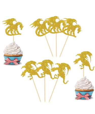 Ambishi 24pcs Dragon Cupcake Toppers/Dragon Knight Birthday Baby Shower Party Decoration Cupcake Picks/Fantasy Dragon Birthday Cake Decor/Flying Dragon Party Supplies/Gold Glitter