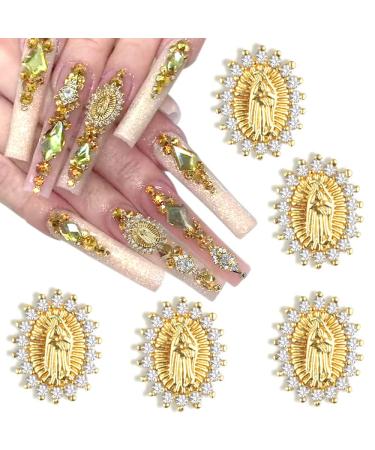 3D San Judas Nail Charm Virgin Mary Nail Charms Shiny Zircon Alloy Jesus Virgin Mary Charms for Nails Metal Buddha Gold Nail Charms Nail Jewels Religious Nail Rhinestones Nail Art Accessories 5pcs/set