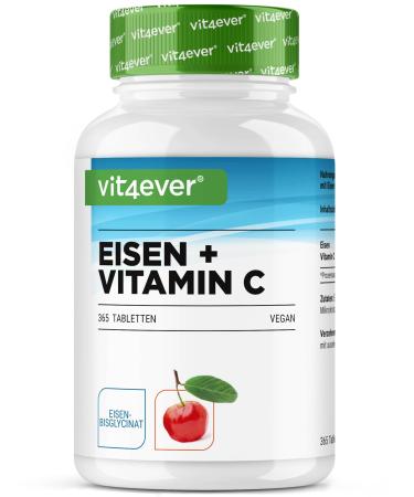 Iron - 365 tablets with 40 mg of pure iron + natural vitamin C - Premium raw material: iron bisglycinate