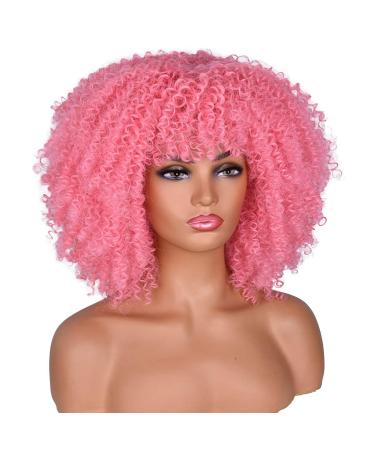 Xiaoji Black women-short crazy curly synthetic wig in Afro-style high-quality heat-resistant wig with pony 150% density (24 inch) pink 14inches 14inches pink