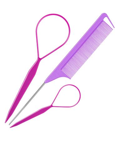 Hair Tail Tools, TsMADDTs 3Pack Hair Loop Tool Set with 2Pcs French Braid Tool Loop 1Pcs Rat Tail Comb Metal Pin Tail Braiding Comb for Hair Styling, Purple B-Purple