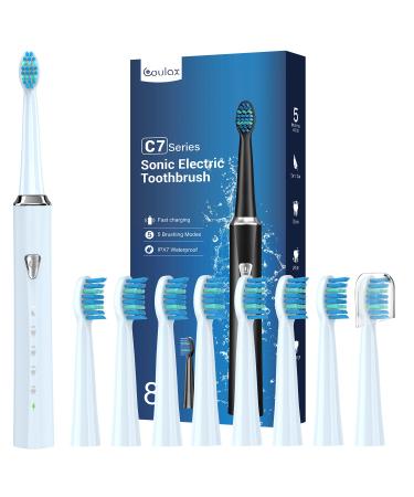 Sonic Electric Toothbrush for Adults and Kids - Rechargeable Sonic Toothbrush with 8 Brush Heads 120 Days of Use with 3-Hour Fast Charge 5 Modes with 2 Minutes Timer Gift for Family 1 count (Pack of 1) Light Blue
