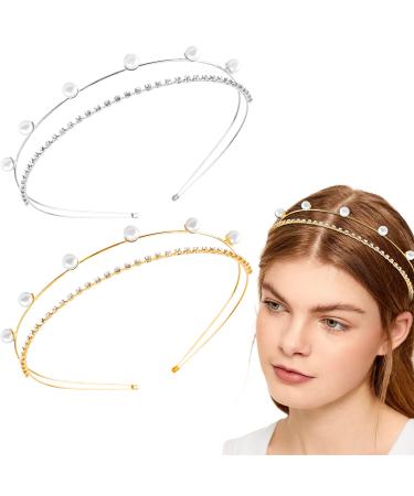 Aswewamt 2 Pcs Alloy Pearl Rhinestone Headbands Bridal Hair Hoop Wedding Hair Accessories Ornaments for Elegant Women Girls