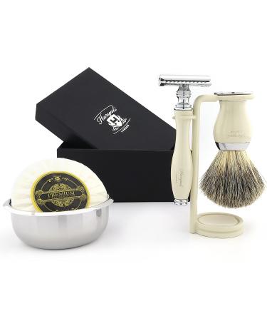 Haryali London Shaving Kit 5 Pc Shaving Kit Double Edge Safety Razor - Best Badger Badger Shaving Brush Shaving Soap Shaving Bowl Shaving Stand Ivory Color Shaving Set