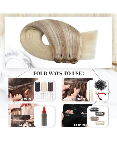 Moresoo 18 Inch Blonde Weft Human Hair Extensions - Ash Blonde to Medium Blonde with Platinum Blonde Highlights - Double Weft Sew in Hair Extensions - 100g/Pack #18/22/60 - Buy Online on GoSupps.com