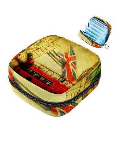 Menstruation bag zipper women's napkin bag tampons collective bag for women and girls (vintage-structured collage with iconic symbols from London)