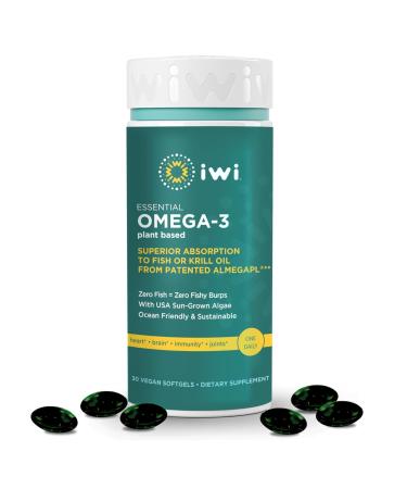 Iwi Omega-3 Essential 30 Softgels (30 Servings) Plant-Based Algae Omega 3 with EPA + DHA Brain Heart & Immune Support Dietary Supplement Krill & Fish Oil Alternative No Fishy Aftertaste