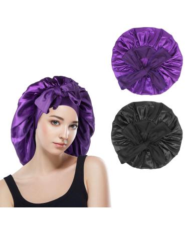 Classycoo Satin Sleeping Bonnet  2PCS satin hair bonnet  Large Satin Sleep Bonnet  adjustable silk bonnet for sleeping satin silk bonnet for Women Men satin bonnet silk bonnet hair bonnet for sleeping Black+purple