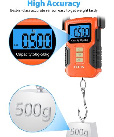 HEETA Waterproof Digital Fishing Scale 110lb/50kg with Memory Function, Portable Hanging Luggage Scale - Backlit LCD Display, Fluorescent Button, 40 Ruler - Orange - Buy Online on GoSupps.com