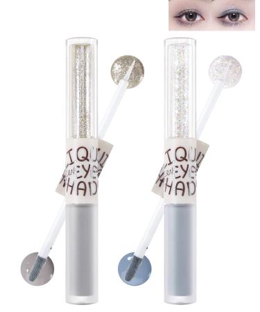 Liquid Glitter Matte Eyeshadow Set-2Pcs 2 in 1 High Pigmented Velvet Creme Eyeshadow & Glitter Eyeliner Long Lasting Waterproof Quick-Drying Korean Shimmer Matte Eye Shadow Makeup for Women-GR01+02 #GR01+02