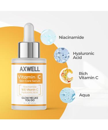 AXWELL Vitamin C Face Serum - Anti-Aging Brightening Hyaluronic Acid & Niacinamide - Even Skin Tone for All Skin Types (30ml - Buy Online on GoSupps.com
