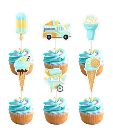 Cheereveal 24 Pieces Ice Cream Cupcake Toppers 6 Shapes Blue Ice Cream Cupcake Picks Hawaii/Sweet Summer Theme Baby Shower Birthday Party Cake Decorations Supplies