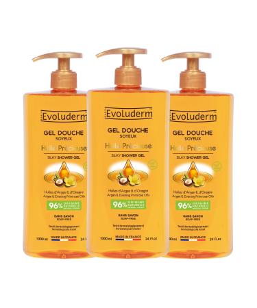 Evoluderm EVOLUDERM - Silky Shower Gel Precious Oil - 1000 ml - 96% Natural Origin - Vegan - Made in France - Pack of 3 x 1000 ml