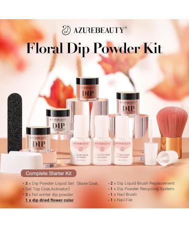 AZUREBEAUTY Floral Dip Powder Nail Kit - Starter Set for Fall & Winter | Nude Brown Grey Dipping Powder with Base Top Coat Activator & Dried Flowers for DIY Nail Art - Buy Online on GoSupps.com