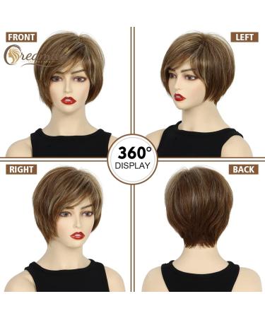 Short Brown Pixie Wig for Women - Layered Short Hair with Bangs, Natural Synthetic Fiber - Brown with Blonde Highlights - Buy Online on GoSupps.com
