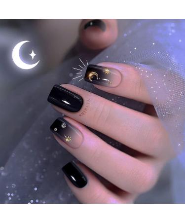 Yivaiks Star Black Press on Nails Short Goth Fake Nails with Glue on Nails Gradient Star Moon Finger False Nail Art for Women and Girls(Black Square 24pcs)