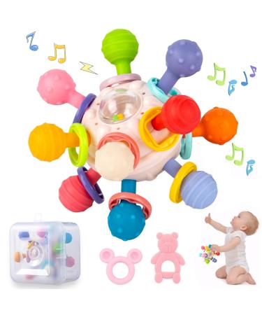 Baby biting toys - Montessori Baby toy from 3 months - you get two free bite rings - Pedagogical learning toys for toddlers (pink)