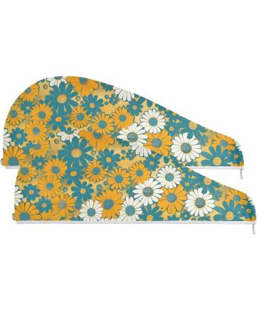 Super Absorbent Blue Yellow White Daisy Flower Hair Towel 2 Pack - Quick Dry Hair Turbans for Women & Girls - Buy Online on GoSupps.com