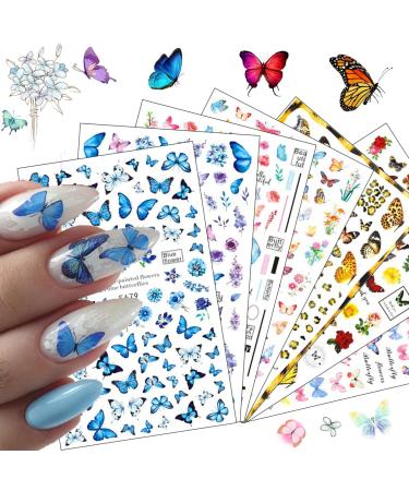 Butterfly Nail Art Stickers , 3D Self-Adhesive Nail Decals Colorful Butterflies Spring Flowers Nail Designs for Acrylic Nails Supplies Manicure Decorations 8 Sheets H Butterfly