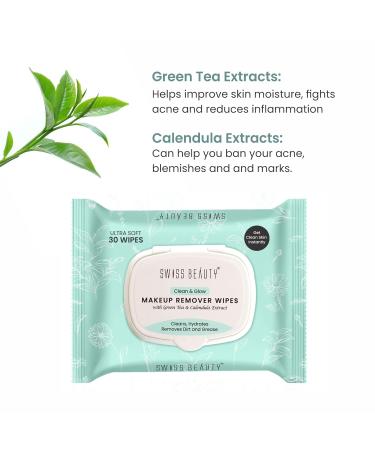 Clean & Glow Makeup Remover Wipes - Green Tea & Calendula Extracts | Hydrating Facial Wipes | 30 Count | International Shipping Available - Buy Online on GoSupps.com